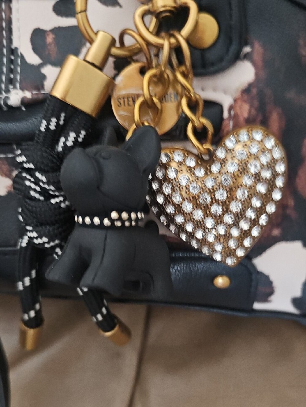 Steve Madden Black and Cream Leopard-Print Satchel with Heart Charm - Picture 2 of 6